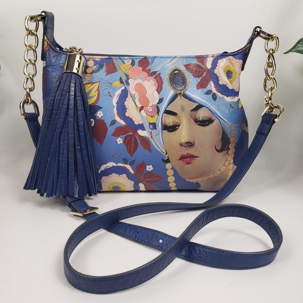 ICON Blue Floral Art Lady Leather Crossbody Chains Festival Alberto Vargas 10x7